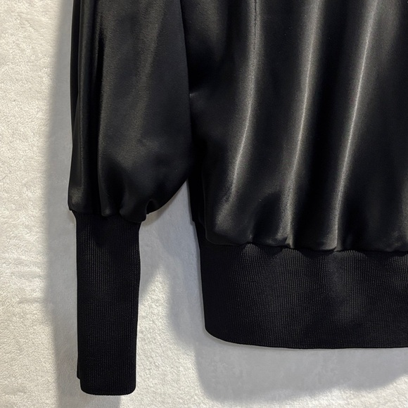 St. John Satin Black Blouse Knit Trim Cowl Neck Dolman Sleeve Top Size Medium - Picture 10 of 16